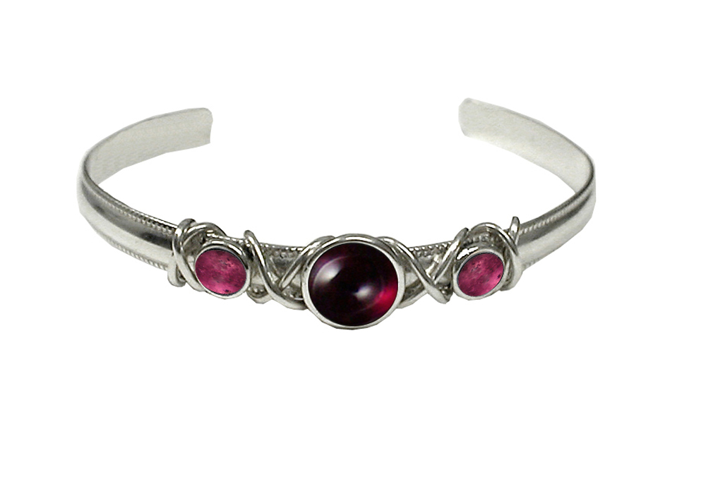 Sterling Silver Hand Made Cuff Bracelet With Garnet And Pink Tourmaline